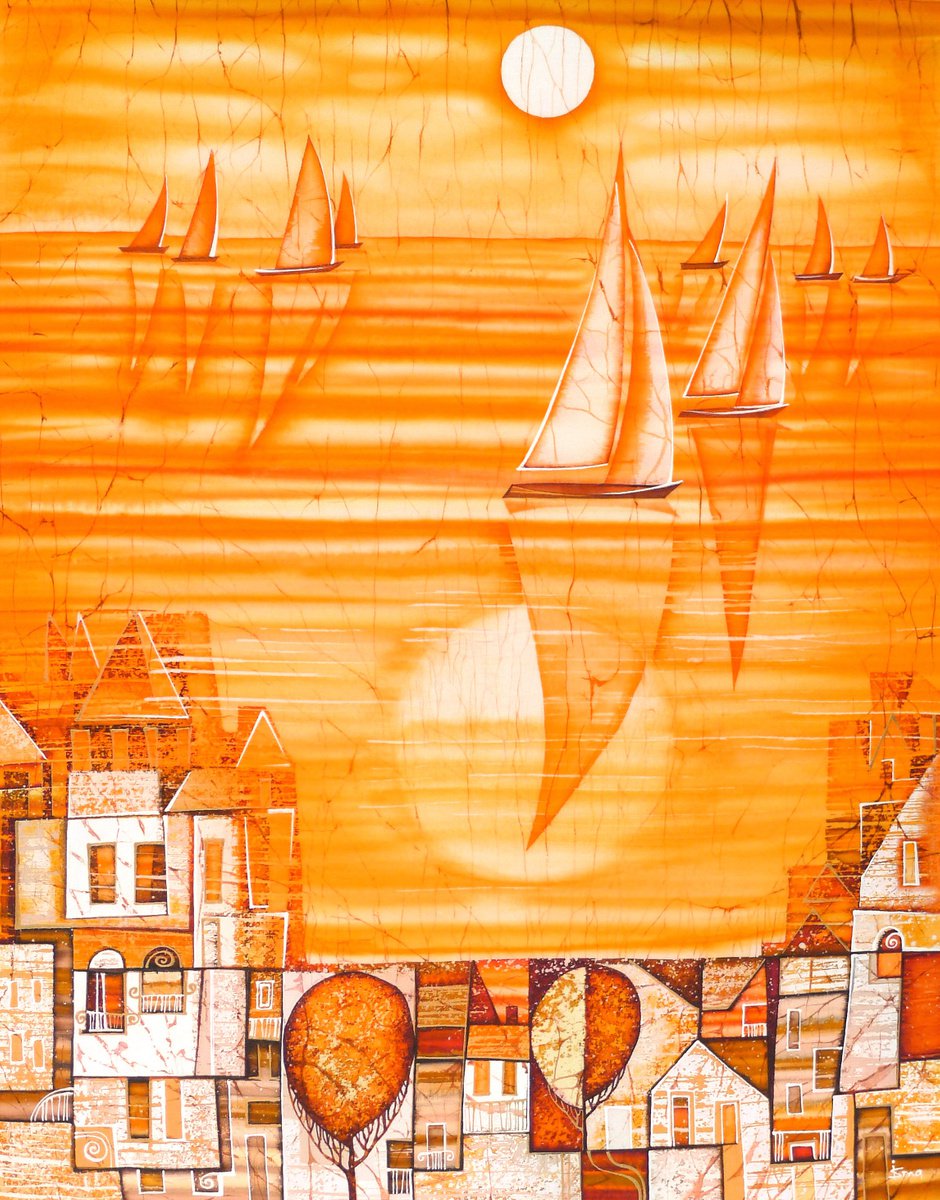 Graphic Landscape Acrylic Painting By Julia Ismambetova, 18 X 24", Fair Winds, Original Artwork