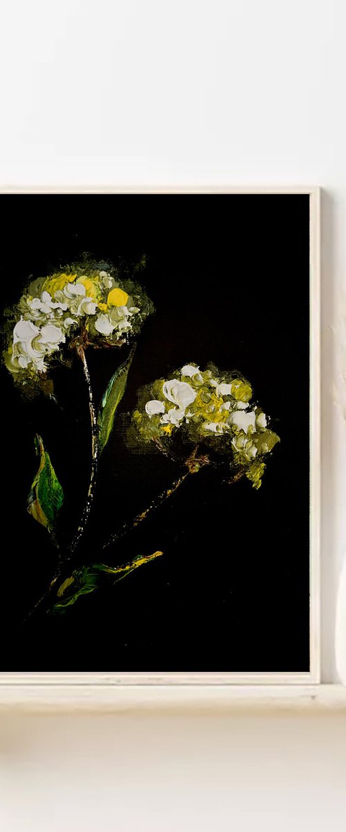 IRISES AND HERBS 2- Black miniature landscape. Landscape on black. by Marina Skromova