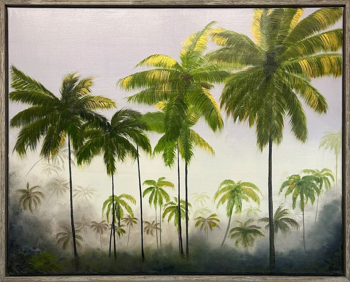 Impressionistic Landscape Oil Painting By Robert Kerr, 41 X 33", Early Morning Palms, Original Artwork