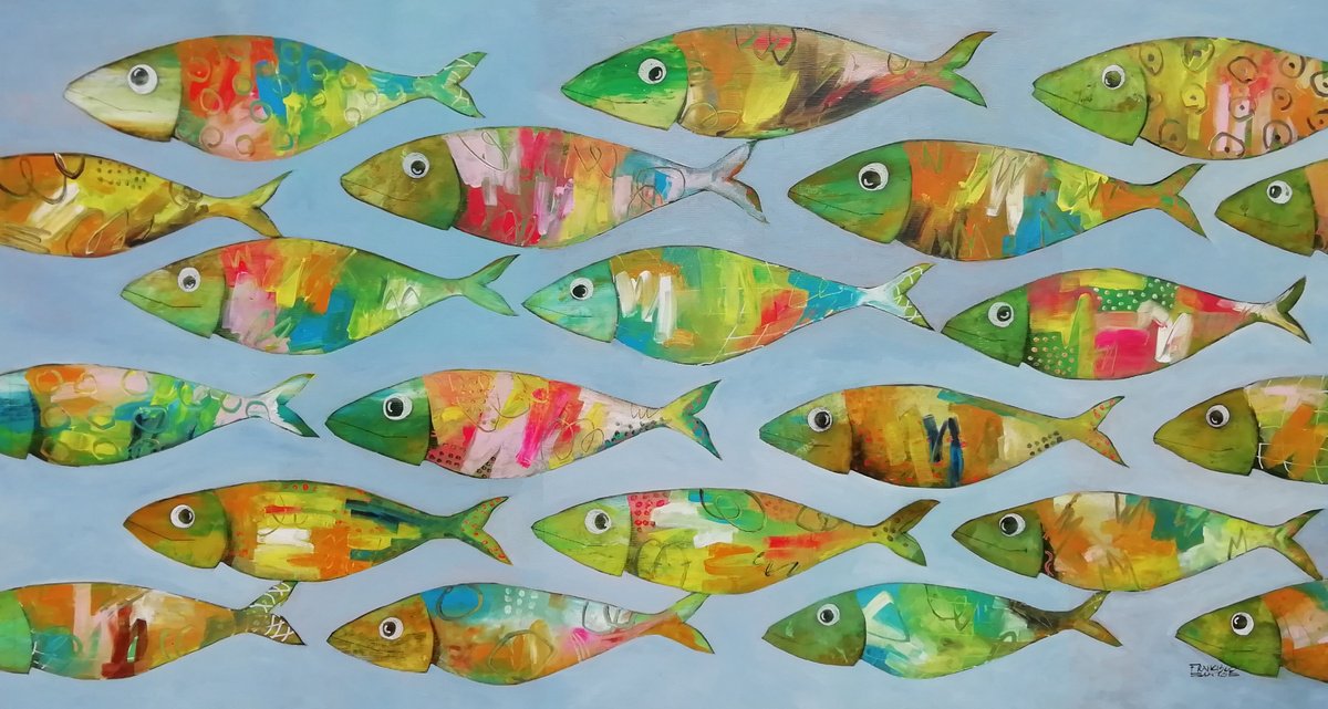 Expressive Animal Acrylic Painting By Francisco Santos, 53 X 28, Sardines 03, Original Artwork