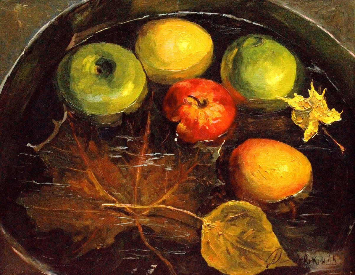Floating apples. Realistic impressionism oil painting by Dmitry Revyakin