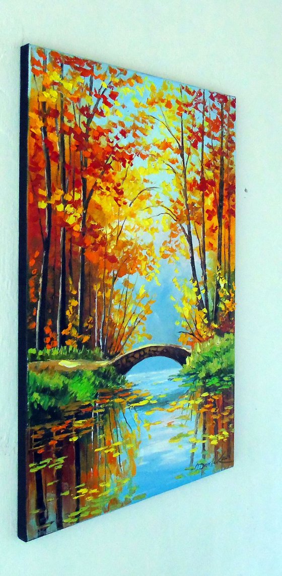 Autumn Pond with Bridge