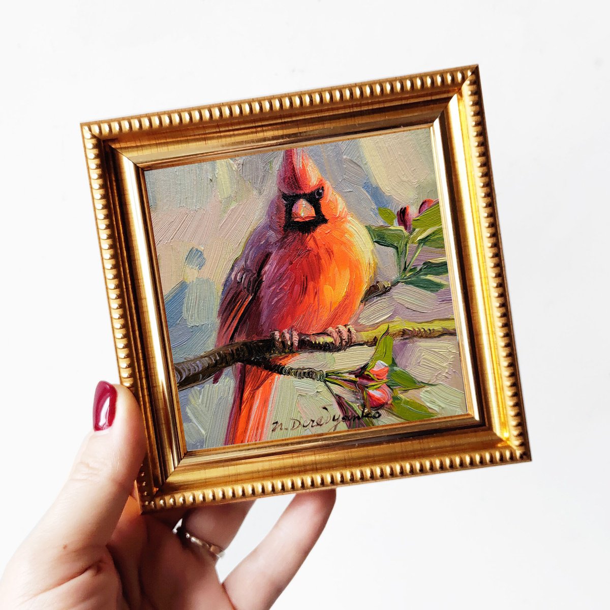 Cardinal red bird oil painting original 4x4 framed artwork small bird by Nataly Derevyanko