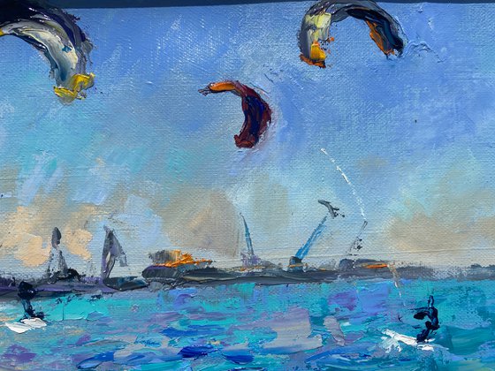 Kitesurfing - Сatch before sunset, 47*37cm, impressionistic oil impasto landscape painting