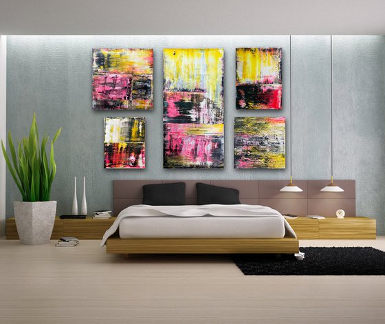 "A Motley Crew" - Save As A Series - Original PMS Abstract Polyptych Acrylic Paintings On Canvas and Wood - 70" x 50"