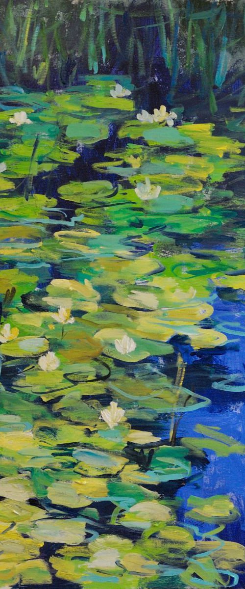 water lilies pond 80x100 cm big abstract oil painting landscape by Nataliia Nosyk