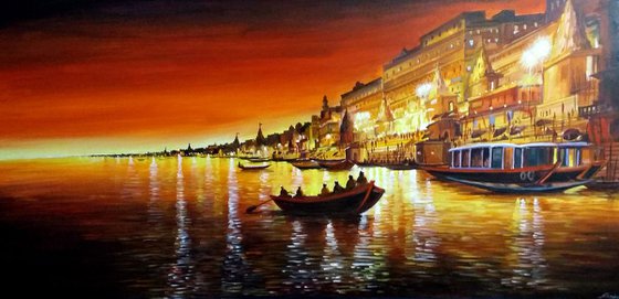 Beauty of Night Varanasi Ghats - Acrylic on Canvas Painting