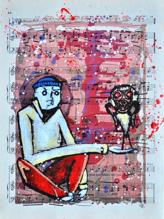 Bird In The Gas Mask - Collage Art on Vintage Music Sheet Page