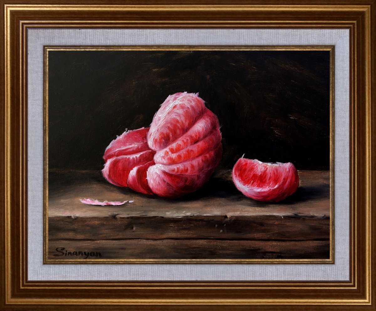 Photorealistic Still Life Oil Painting By Gevorg Sinanian, 11 X 9, Grapefruit Peeled, Original Artwork