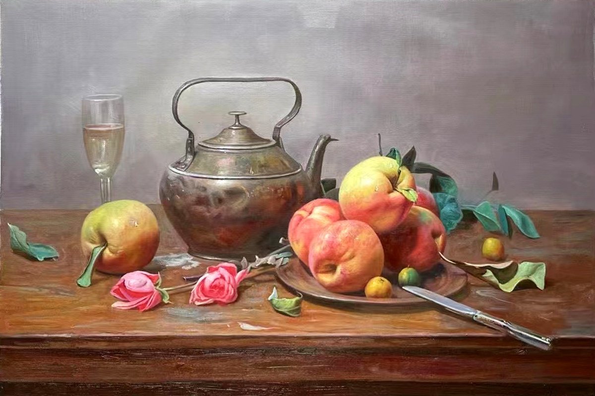 Photorealistic Still Life Oil Painting By Kunlong Wang, 35 X 24", Still Life On Desk C214, Original Artwork