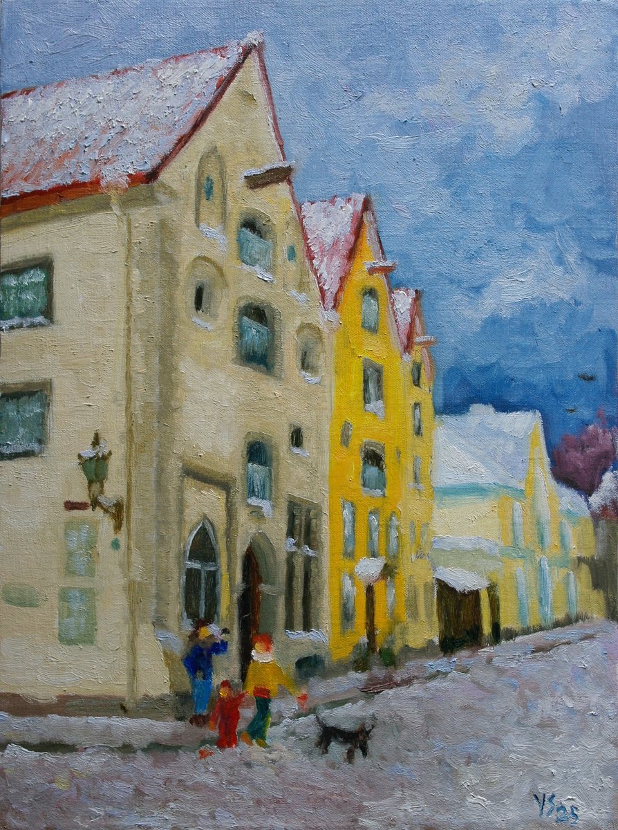 Impressionistic Cityscapes Oil Painting By Juri Semjonov, 12 X 16", Old Tallinn, Three Systers, Original Artwork