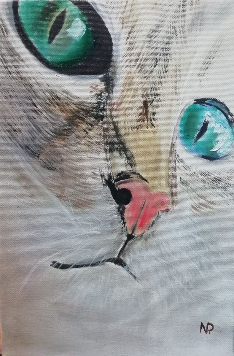 Green eyes, original cat painting, gift idea, art for home, for her by Nataliia Plakhotnyk