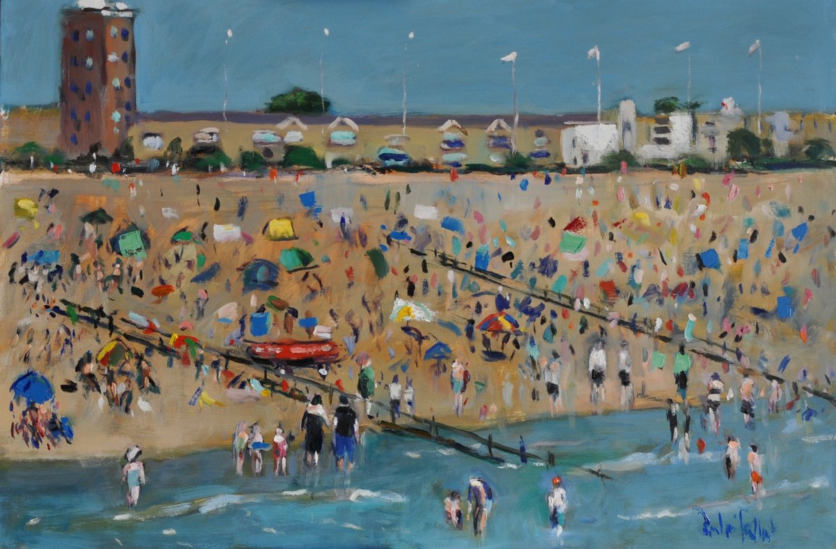 Impressionistic Landscape Oil Painting By Andre Pallat, 36 X 24, Littlehampton Beach In The Sun, Original Artwork