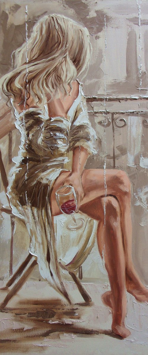 " RED WINE ... "-   liGHt  ORIGINAL OIL PAINTING, GIFT, PALETTE KNIFE nude WINDOW by Monika Luniak