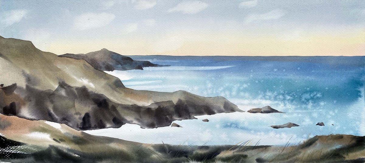 Impressionistic Landscape Watercolour By Galina Poloz, 22 X 10, Rocks Of Scotland., Original Artwork