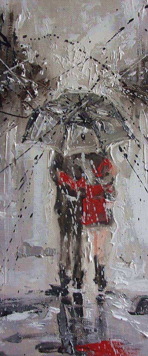 " WALKING IN THE RAIN III " original painting CITY palette knife by Monika Luniak