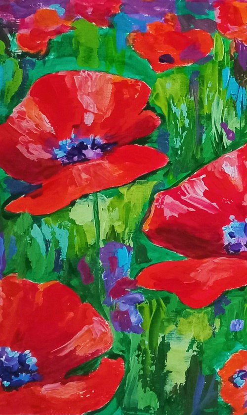 Scarlet poppies in a field by Liubov Samoilova