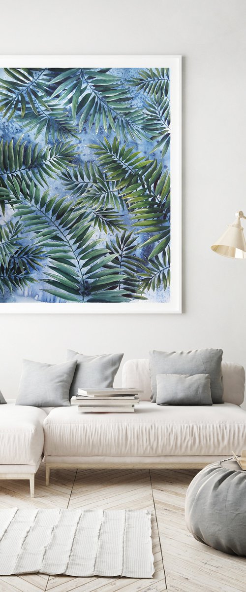 Tropical Leaves On Blue by Ana Mogush