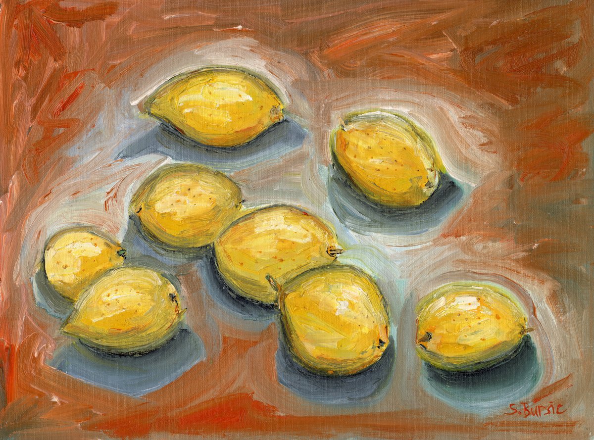 Impressionistic Still Life Oil Painting By Sharyn Bursic, 12 X 9", Lemons With Shadow, Original Artwork