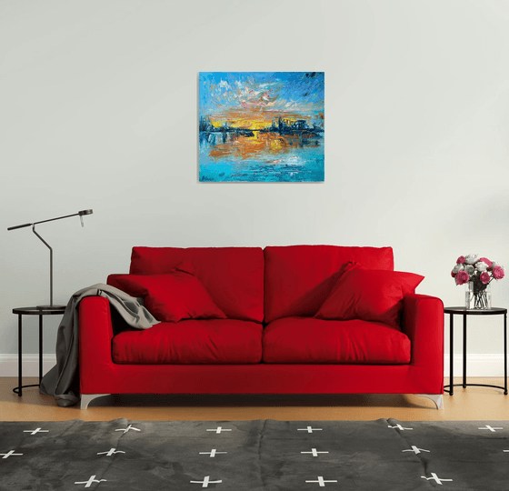 Sunset - Big city never sleeps, 70*80cm, impressionistic landscape oil painting in orange and turquoise