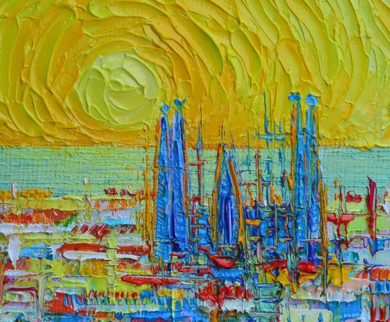 BARCELONA MAGICAL SUNRISE FROM PARK GUELL - Sagrada Familia in sunrise light - modern impressionism abstract stylized cityscape palette knife oil painting by Ana Maria Edulescu