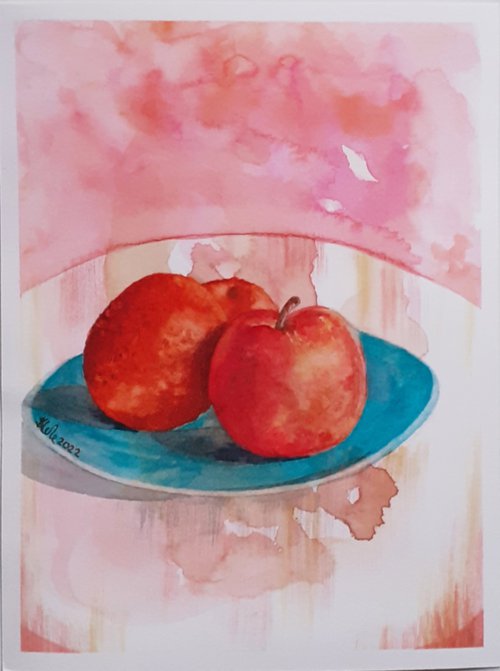 Watercolour Still Life Painting | Apple and Two Satsumas | Original Art by Artist Stacey-Ann Cole by Stacey-Ann Cole