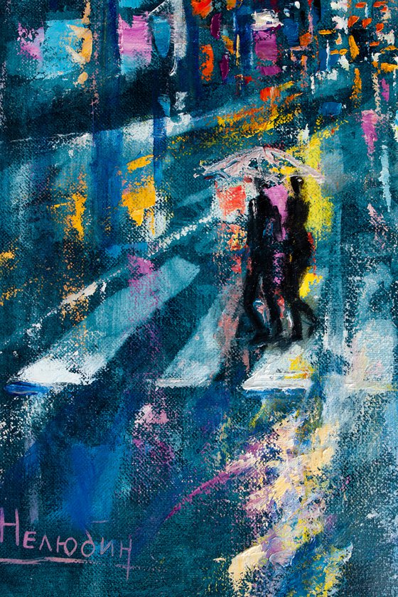 "Street of the night city" people with umbrella , original oil painting