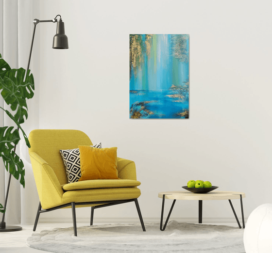 A XL large semi-abstract beautiful structured mixed media painting of a lake "Under the willow"