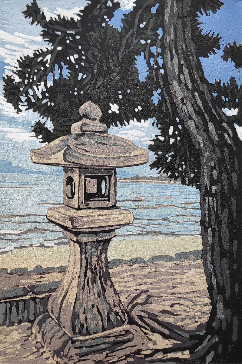 Graphic Landscape Linocut By Alexandra Buckle, 6 X 8, Lantern And Pine, Original Artwork
