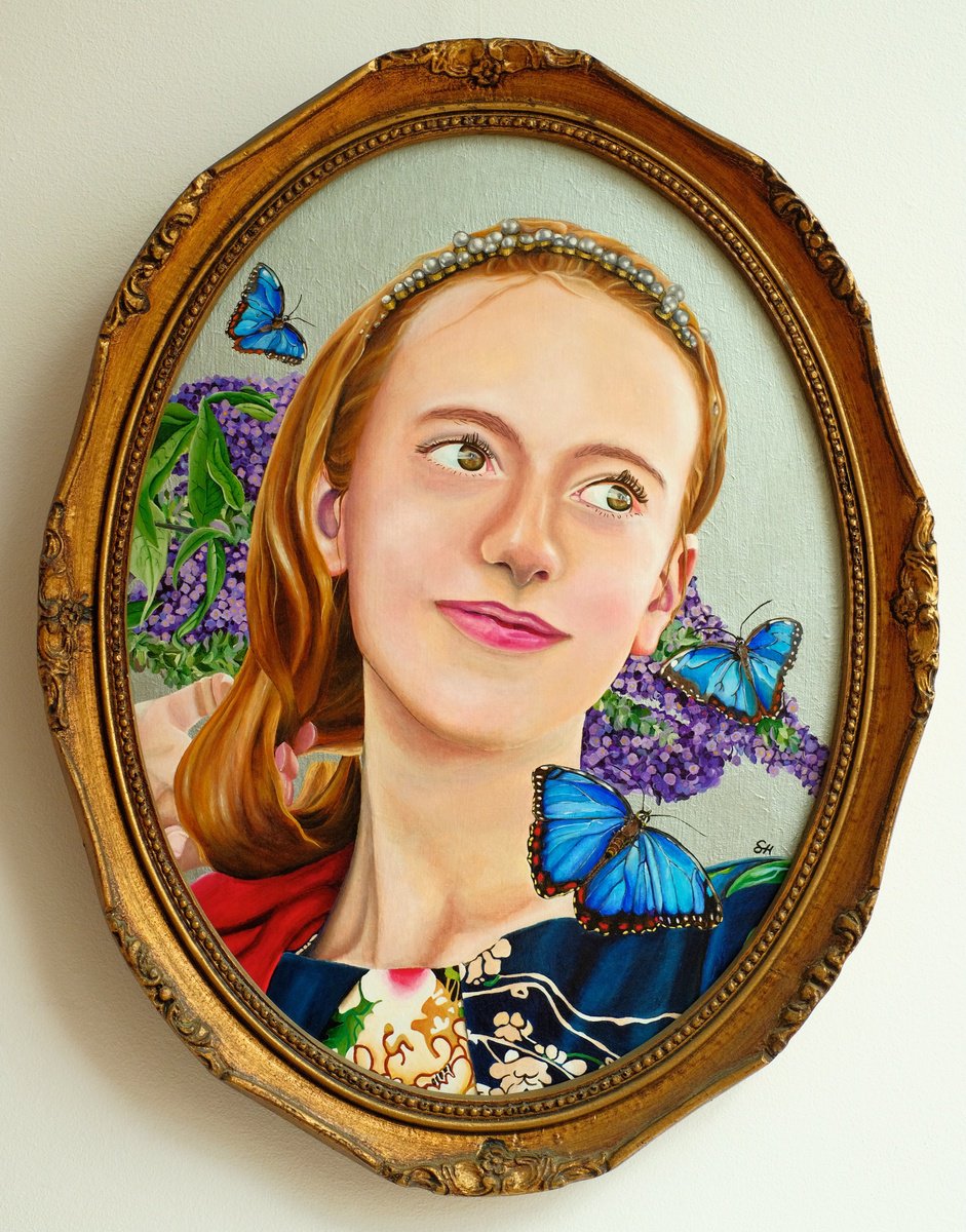 Surrealistic Portrait Acrylic Painting By Saskia Huitema, 13 X 17", Blue Morpho, Original Artwork
