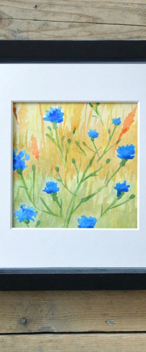 Cornflower Meadow - Mounted Watercolour, small gift idea by Lisa Mann