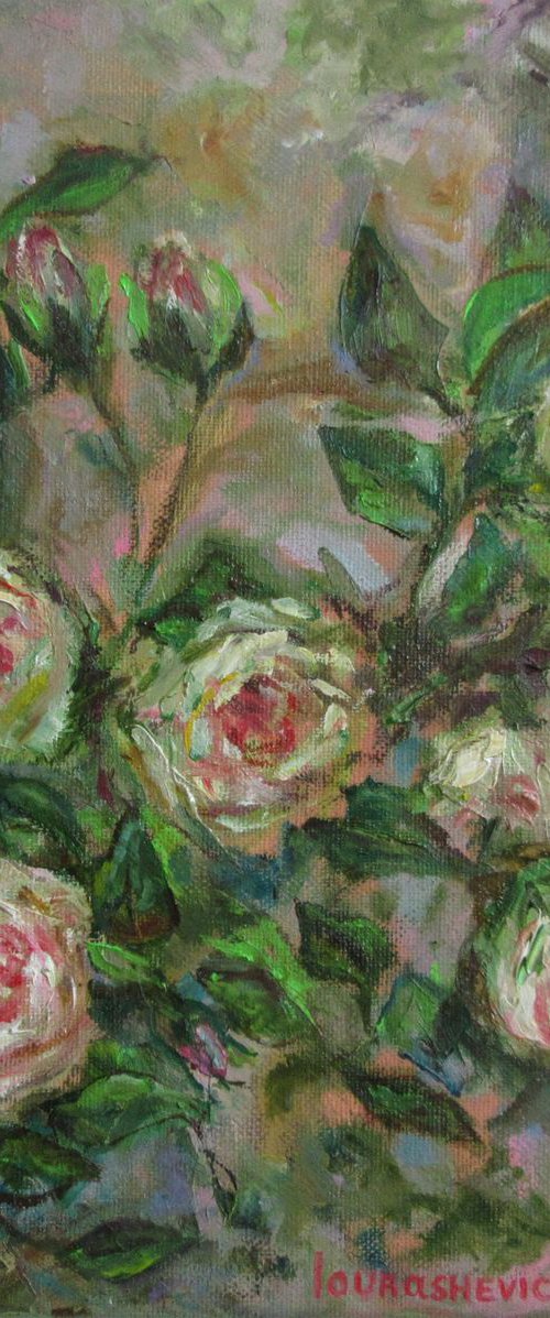 Original Oil Painting of White Roses Bush Romantic Impressionism Blooming flowers for your new home design housewarming gift white and green good vibes cosy love Small 12x12 in. (30x30 cm) by Katia Ricci