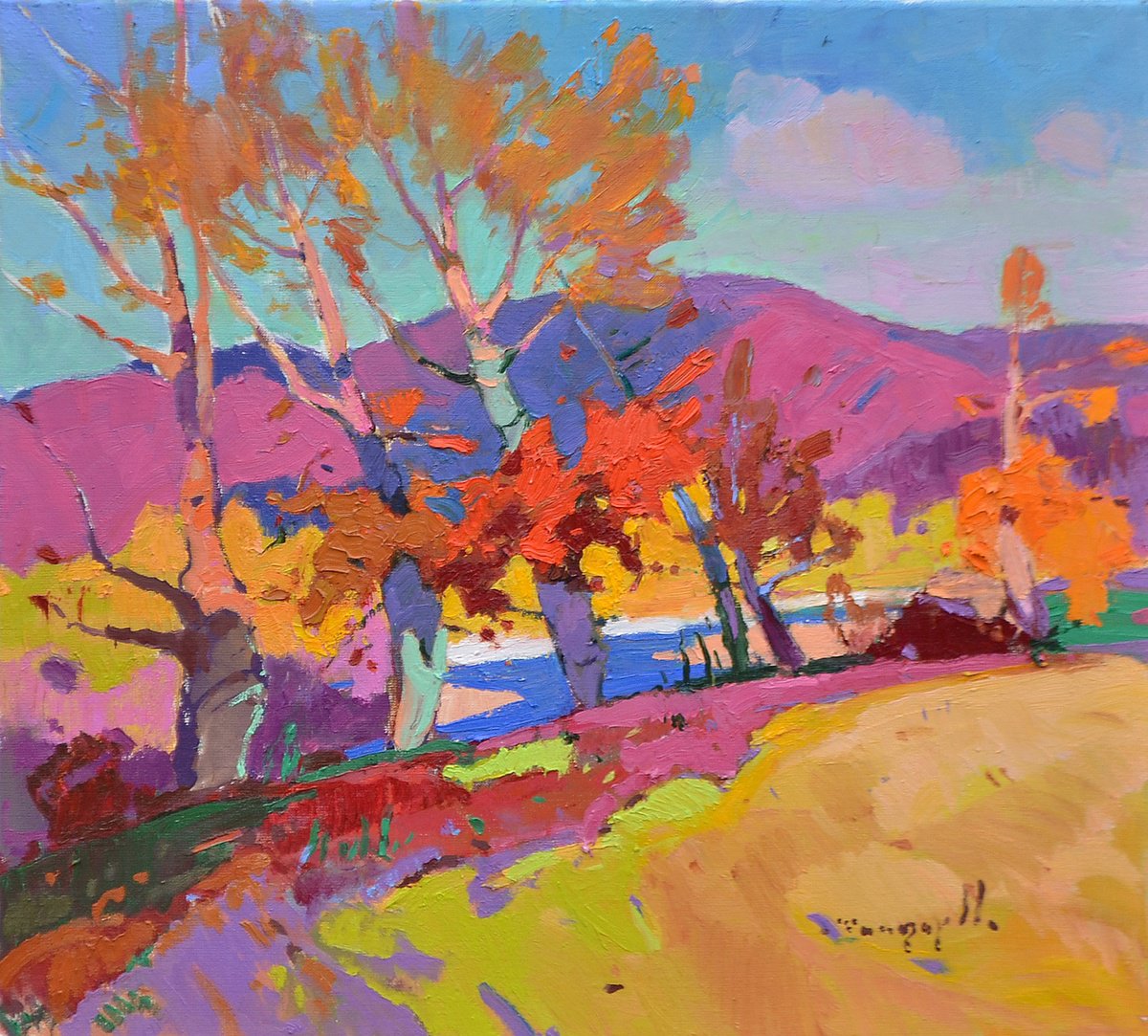 Impressionistic Landscape Oil Painting By Alexander Shandor, 26 X 24, Autumn Reigns Here, Original Artwork