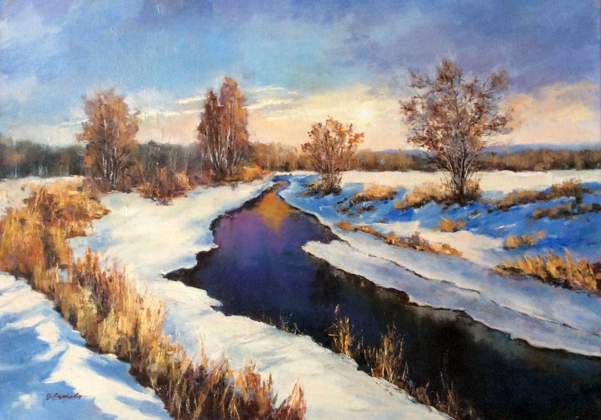 Impressionistic Landscape Oil Painting By Olga Egorov, 39 X 28", Winter Afternoon, Original Artwork