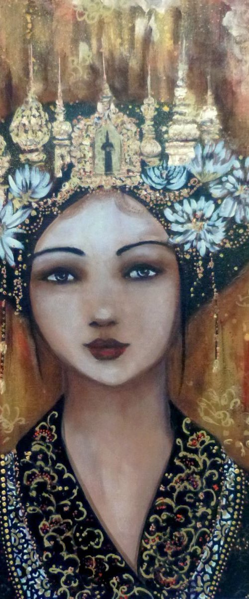 Offering ; woman Asian portrait acrylic on canvas 15.74x19.68 inches by Loetitia Pillault