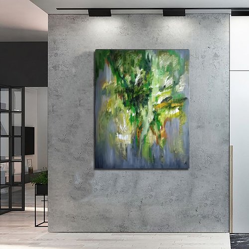 Drowning in greenery - abstraction, oil, original oil painting on canvas, drips painting, green colors, impressionism by Anastasia Kozorez