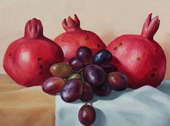 Still life with pomegranate and grapes (24x30cm, oil painting, ready to hang)