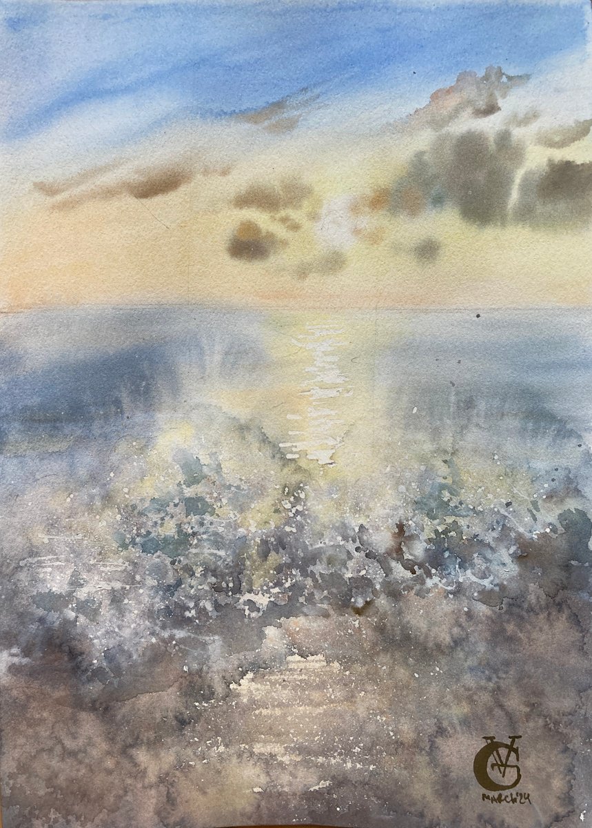 Impressionistic Landscape Watercolour By Valeria Golovenkina, 12 X 16", Sunrise On The Sea #2, Original Artwork