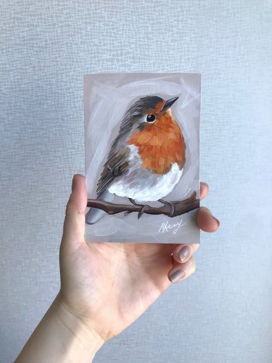 Bird Robin painting mini art framed