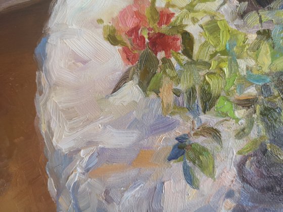 By the window", original one-of-a-kind, oil on canvas impressionistic style still life painting (18x24'') See time-lapse video attached