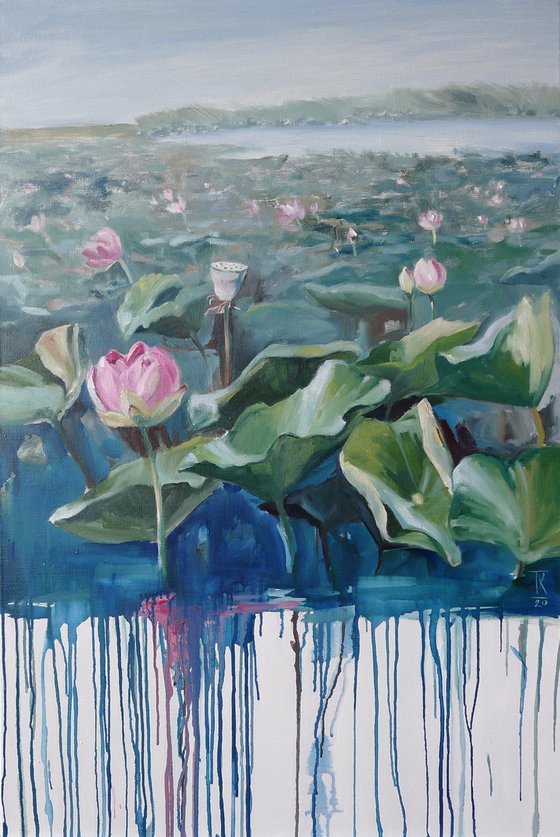 Following the Sun - painting with lotuses, water landscape.