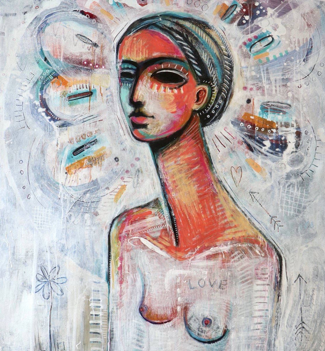 Impressionistic Portrait Acrylic Painting By Daria Kusto, 38 X 43, White Queen, Original Artwork