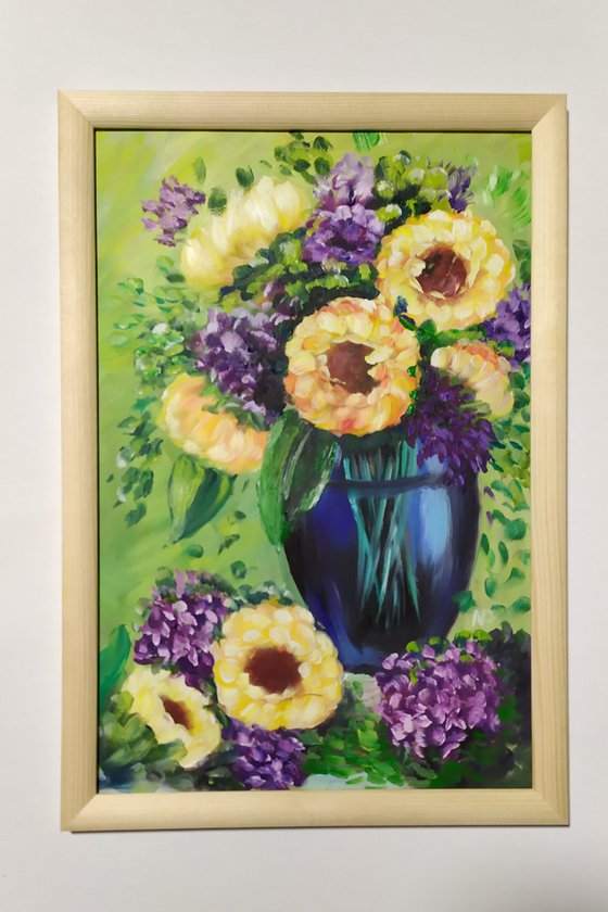 Flowers, impressionistic framed floral oil painting, gift idea, bedroom painting