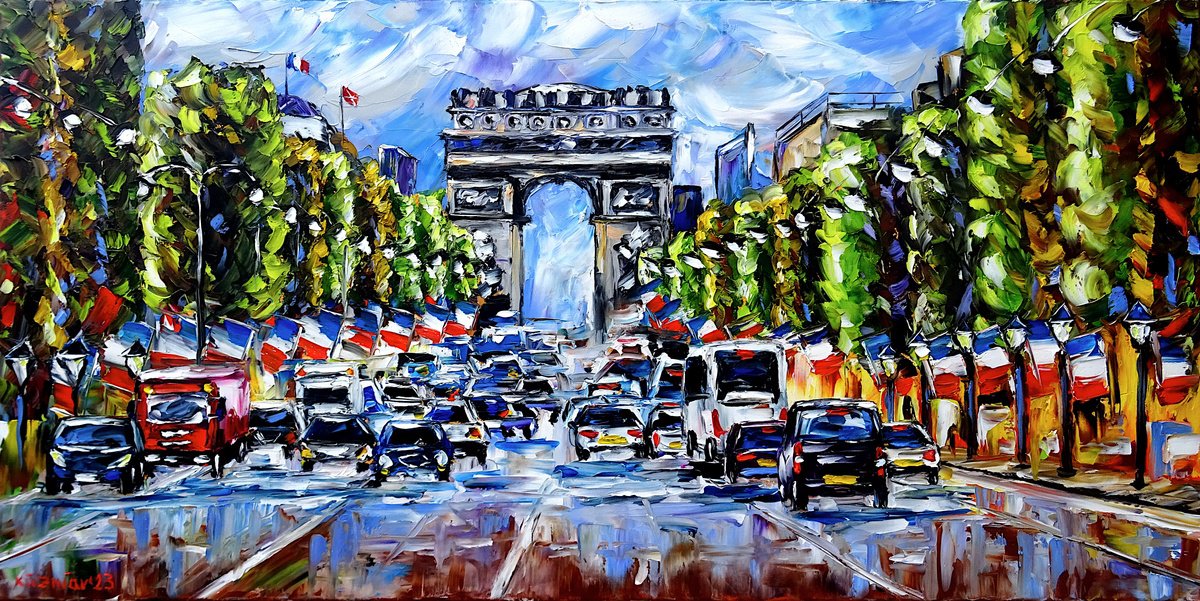 Expressive Cityscapes Oil Painting By Mirek Kuzniar, 31 X 16", Champs-i?lysees, Original Artwork