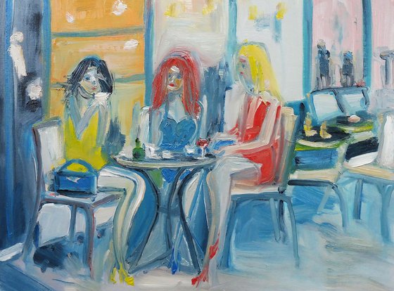 FASHION GIRLS HOT COFFEE RED WINE RESTAURANT. Original Figurative Oil Painting.