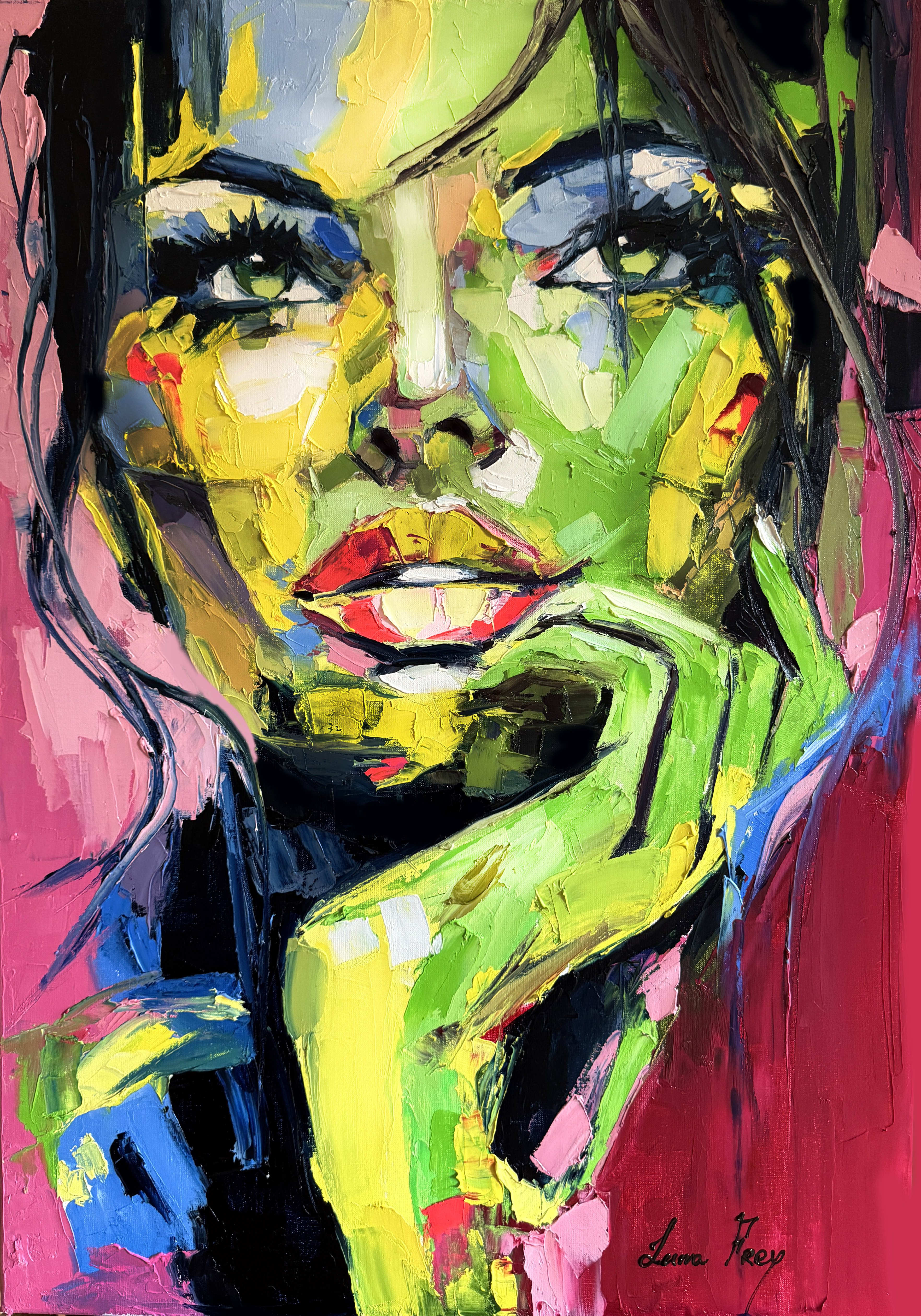 Expressive Portrait Oil Painting By Lana Frey, 28 X 39", Morning In Colors Of Fairytale, Original Artwork