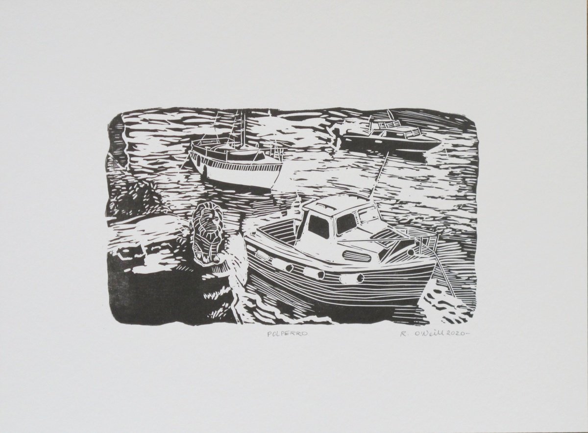 Illustrative Linocut , Polperro Harbour Cornwall By Rory O - ?neill, 12 X 9, Artwork For Sale On Artfinder