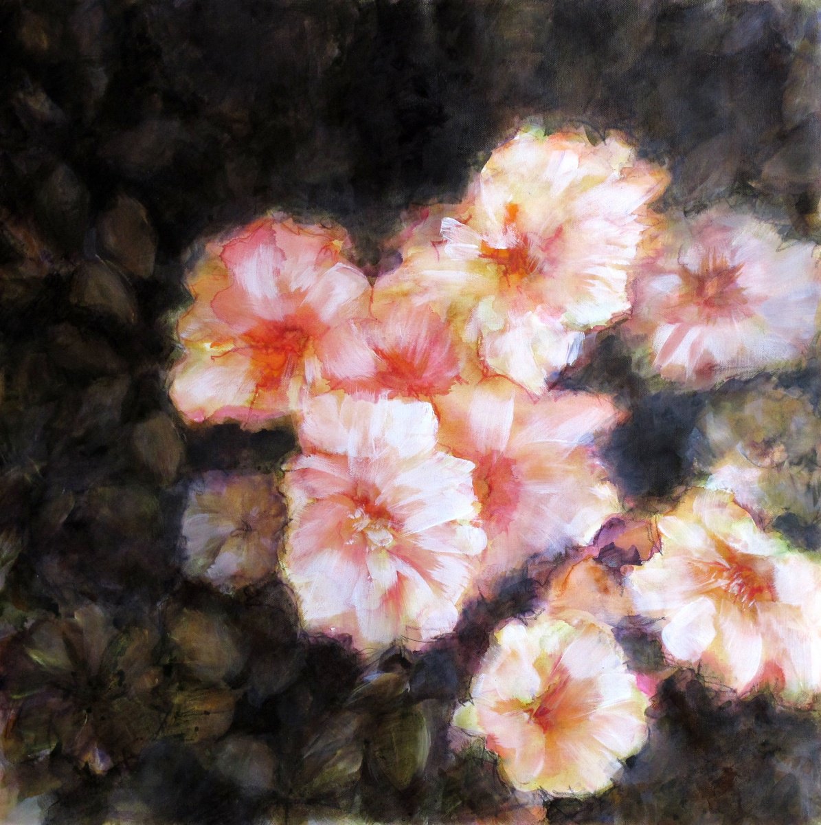 Impressionistic Botanical Painting By Fabienne Monestier, 20 X 20, Lavatera Flower, Original Artwork