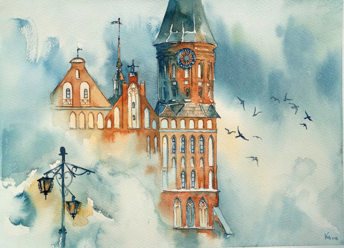 Architectural landscape Kaliningrad. Clock Tower original watercolor artwork by Ksenia Selianko