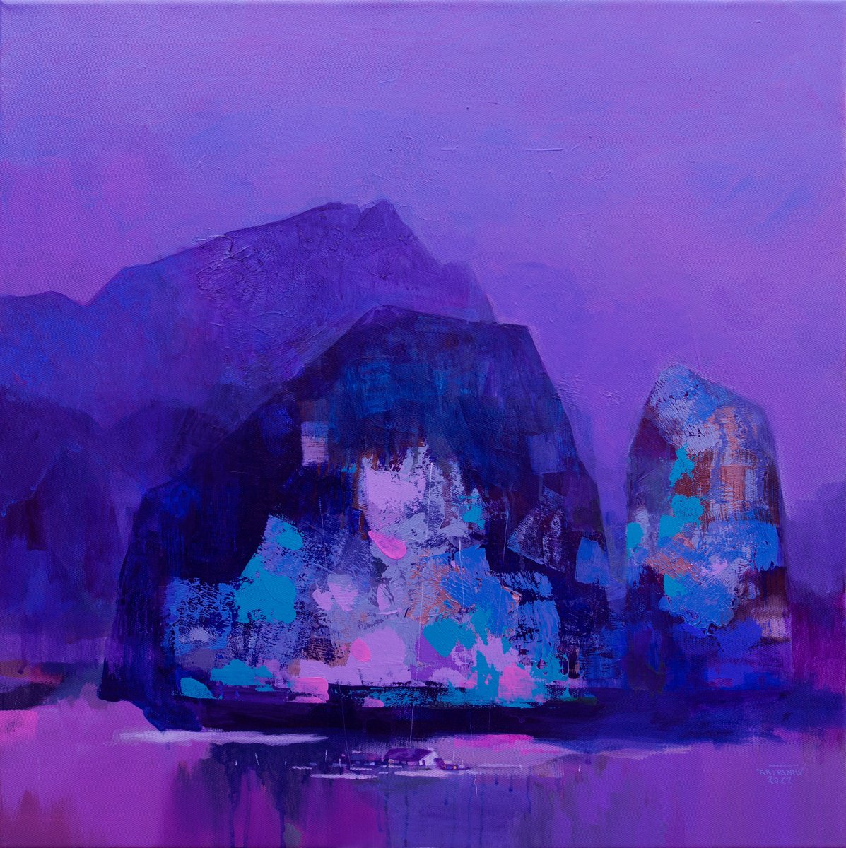 Expressive Landscape Acrylic Painting By The Khanh Bui, 30 X 30", Afternoon In Ha Long Bay, Original Artwork